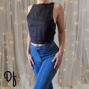 100% Linen Black Back Tie Tank Top Size M